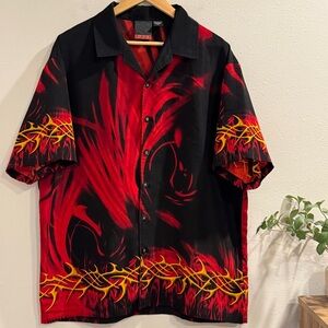 C-Two Men’s XL Black Red Tribal Flame Fire Print Button Down Shirt Y2K Bowling